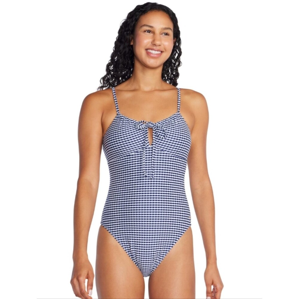 NWT Speedo Texture Stripe Bandeau One Piece Swim Suit Cerulean Blue White - 6